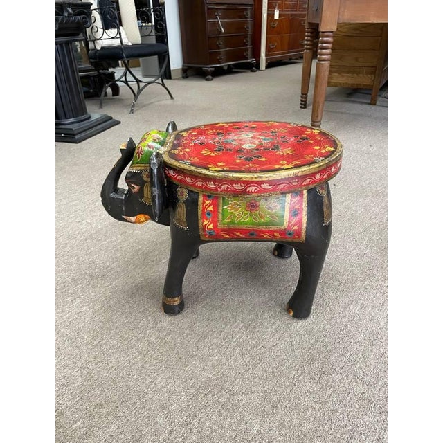 Vintage Handpainted Solid Wooden Elephant FootStool, 15 Inches Tall, Indian Style For Sale In New York - Image 6 of 8