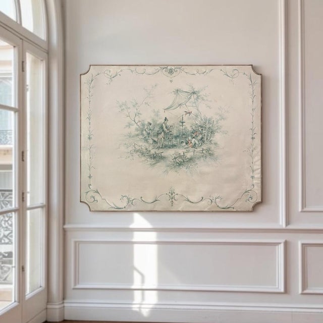 An elegant late 19th century French Chinoiserie oil painting on canvas, originally part of the decorative scheme of a...