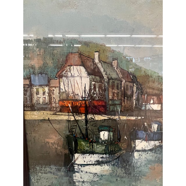 Blue Vintage Mid-Century Coastal Harbor Painting With Lighthouse and Fishing Boats, Framed. For Sale - Image 8 of 10