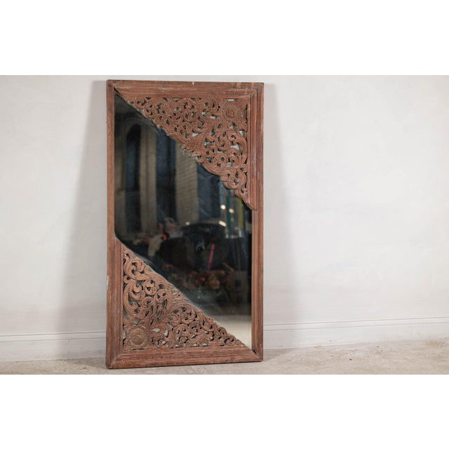 Rustic Antique Carved Hardwood Mirror with Floral Scrollwork, Early 20th Century For Sale - Image 3 of 12