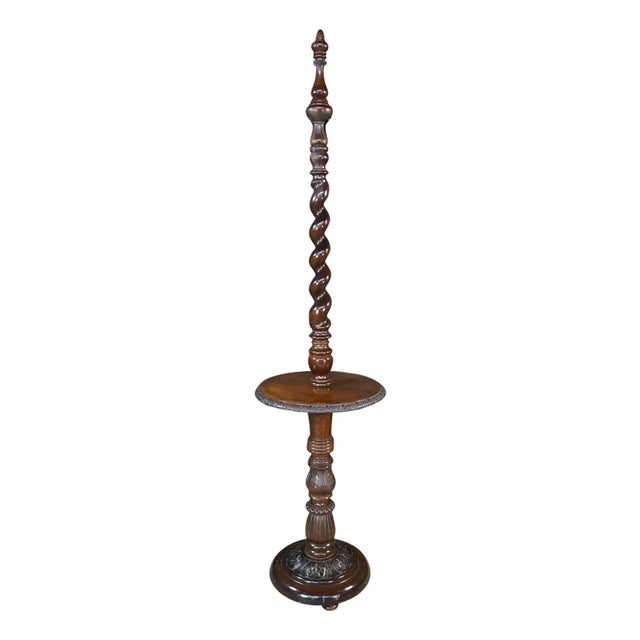 Antique English Oak Barley Twisted Library Floor Lamp Side End Table For Sale