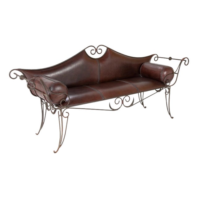 French Wrought Iron and Leather Upholstered Sofa For Sale