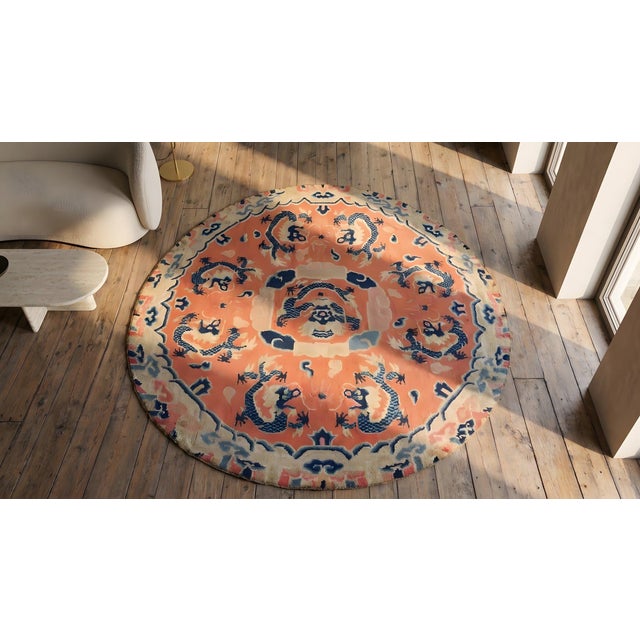 Wonderful Orange Salmon Background With Special Dragon Design Antique Ningxia Round Rug For Sale In New York - Image 6 of 7