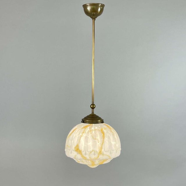 Art Deco Marbled Opaline Glass and Brass Pendant Light, Germany, 1930s For Sale - Image 12 of 18