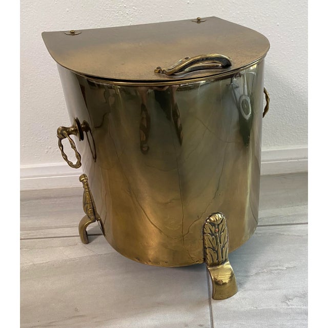 Vintage Antique Brass Over Steel 3-legged Coal Hod With Lift Out Metal Insert. Nicely detailed handles and legs.