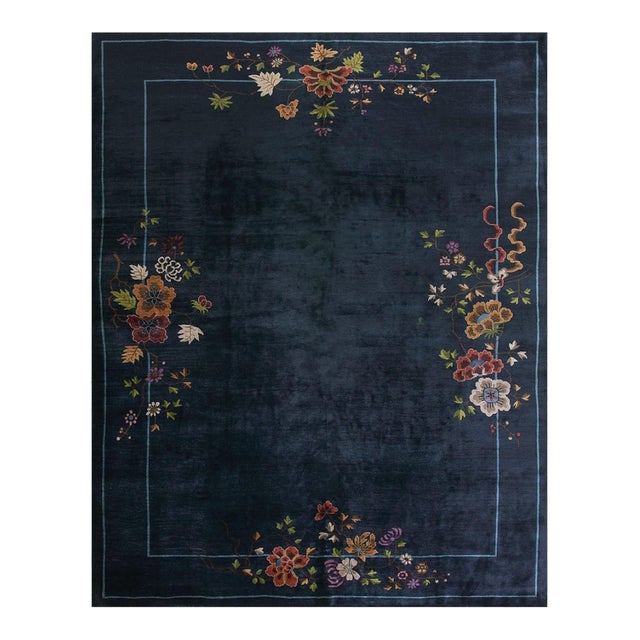 1920s Navy Field Floral Antique Chinese Art Deco Carpet 9' X 11'4" Knotted Rug For Sale