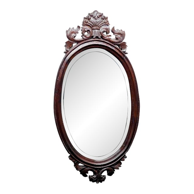 Antique 19th C. Victorian Solid Mahogany Wall Mirror – Hand-Carved Rococo Revival Beveled Glass For Sale