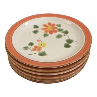 1980s Casual Classic Stoneware Hand Painted Peach Blossoms Salad Plates- Set of 5 For Sale