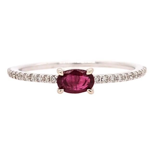 East West Ruby Ring W Earth Mined Diamonds in Solid 14k White Gold Oval 5x4mm For Sale