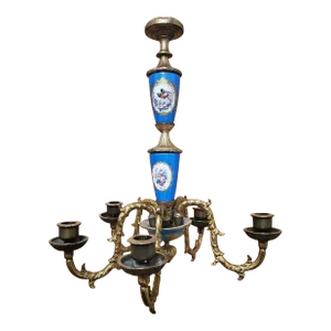 Mid 18th Century French Antique Louis XVI Sevres Signed Blue Celeste Porcelain With Bronze Chandelier