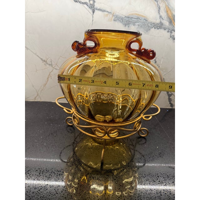 Vintage Amber Hand Blown Glass Vase With Stand For Sale - Image 4 of 8