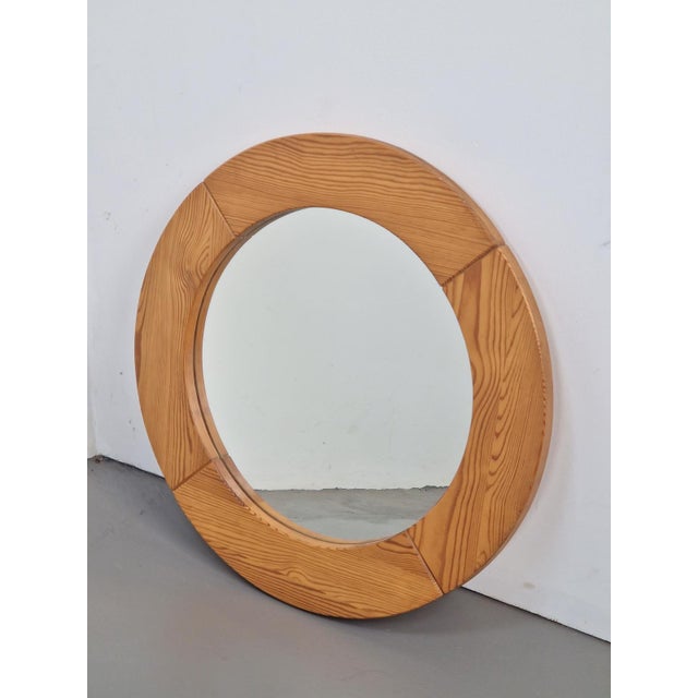Brown Vintage Scandinavian Round Pine Mirror, 1970s For Sale - Image 8 of 8