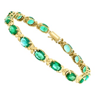 23 Carat Natural Emerald Cocktail Tennis Bracelet 14 Karat Yellow Gold For Sale