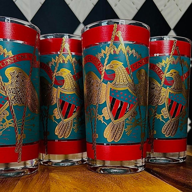 1960s Americana Gold Eagle Regimental Drum Highball Glasses 22k Vintage Set of 4 For Sale - Image 10 of 11