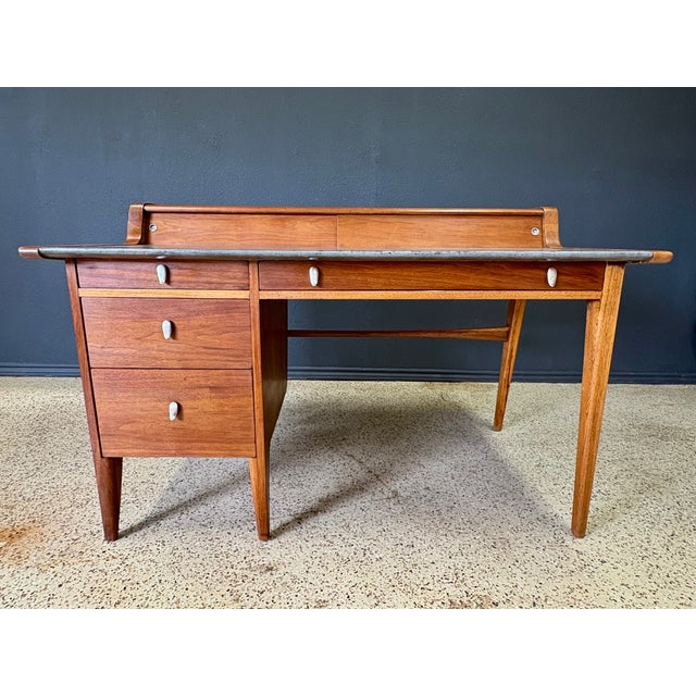 John Van Koert for Drexel Profile Mid Century Leather Top Walnut Desk For Sale - Image 16 of 16