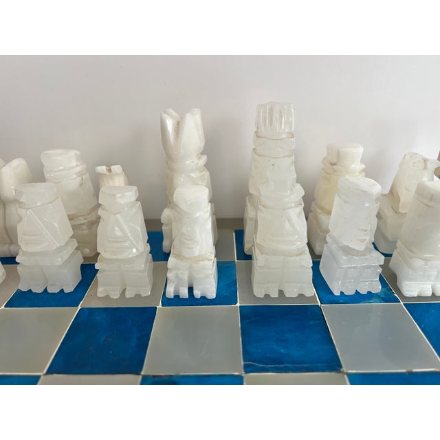 Vintage Blue and White Hand Carved Onyx Aztec Design Chess Set For Sale In Sacramento - Image 6 of 12