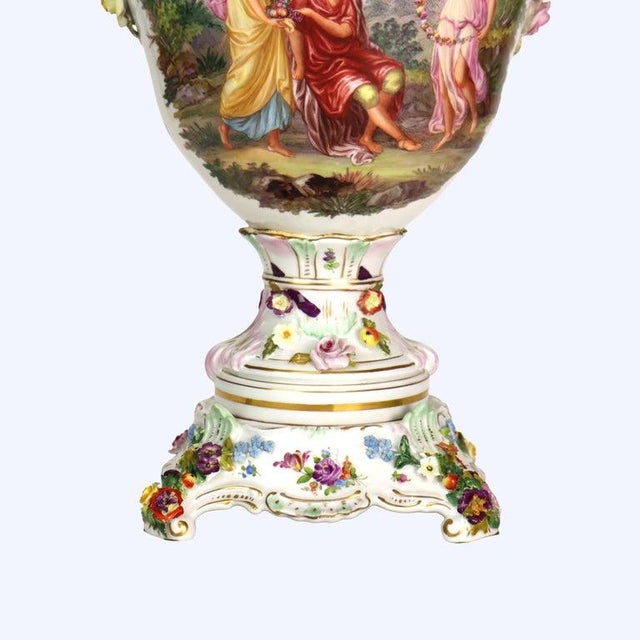 Dresden Porcelain Large German Dresden Figural, Scenic & Floral Lidded Porcelain Palace Urn C1880 For Sale - Image 4 of 18