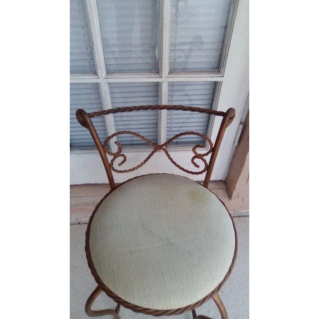 1970s Hollywood Regency Wrought Iron Tassel Rope Swivel Vanity Chair with Upholstered Seat For Sale - Image 9 of 12