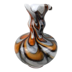 Murano Art Glass Vase With Swirl Designs, Black White Orange