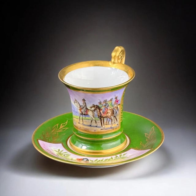 Elegant antique porcelain cup and saucer set, crafted in 19th century French style, inspired by the tradition of Sèvres...