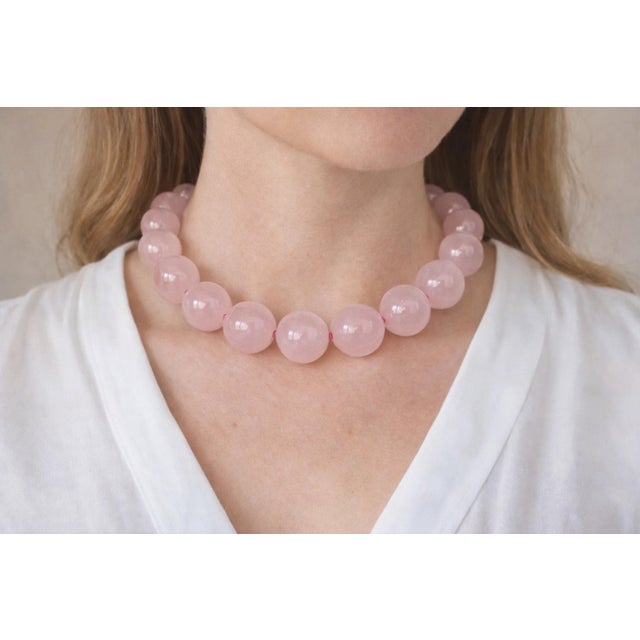 Metal Natural Madagascar Ice Rose Quartz 22.5 Round Beads Necklace For Sale - Image 7 of 7