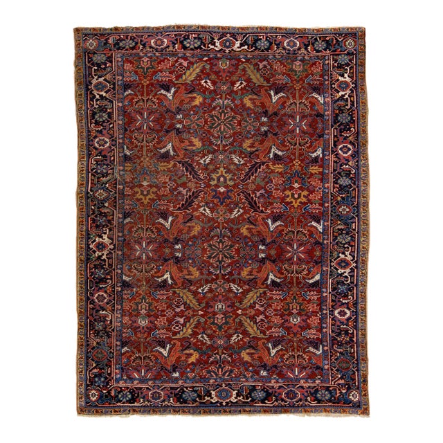 1920s Antique Persian Heriz Red Handmade Wool Rug Allover Motif For Sale