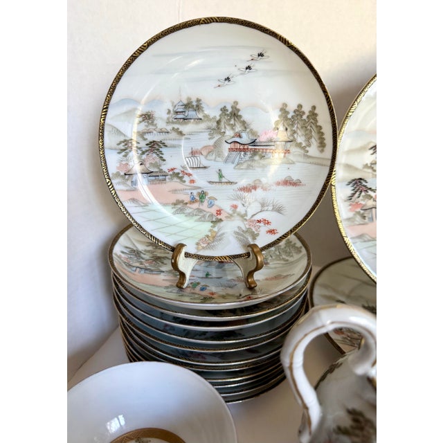 Ceramic 1970s Japanese Hand-Painted Eggshell Porcelain Landscape Luncheon Tea Set - 36 Pieces For Sale - Image 7 of 17