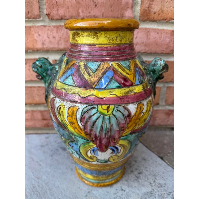 Mid 20th Century Vintage Italian Majolica Sgraffito Glazed Terracotta Urn or Vase For Sale - Image 5 of 11