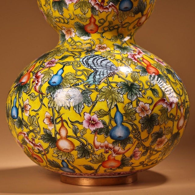 Yellow Late 20th Century Pair of Gilt Bronze Cloisonné Enamel Double-Gourd Vases With Butterfly and Gourd Motif For Sale - Image 8 of 10