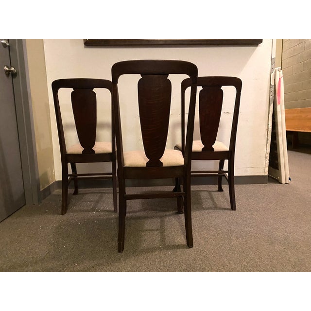 Wood Arts & Crafts Queen Anne Style Oak and Lee Jofa Linen Dining Chairs, Set of 3 For Sale - Image 7 of 13