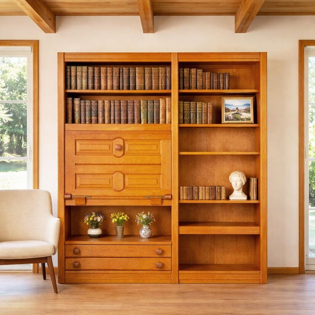 DROP-FRONT SECRETARY BOOKCASE Guillerme et Chambron for Votre Maison, unmarked France, 1960s Oak, oak veneers, brass 72...