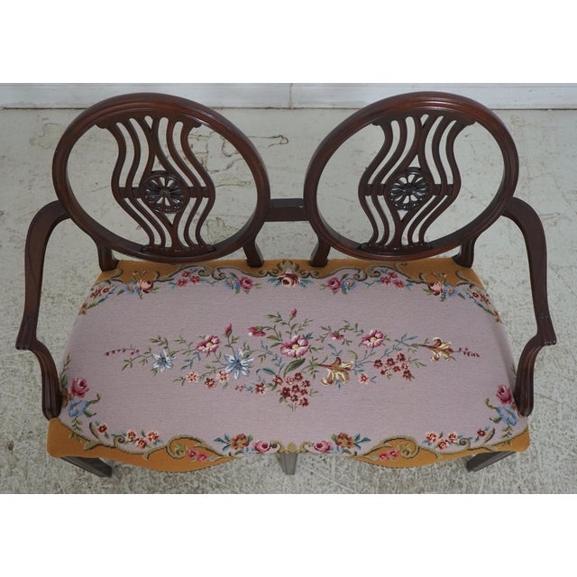 English Vintage Mahogany Double Chair Back Settee W. Needlepoint Upholstery For Sale - Image 3 of 18