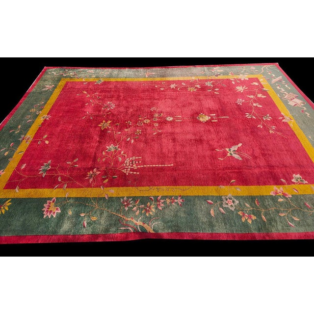 Textile 1920s Red Floral Antique Chinese Art Deco Rug 9' X 11'8" Handknotted Wool Carpet For Sale - Image 7 of 7