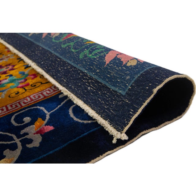 1920s 1920s Antique Peking Chinese Wool Rug Handmade With Floral Design in Goldenrod For Sale - Image 5 of 9