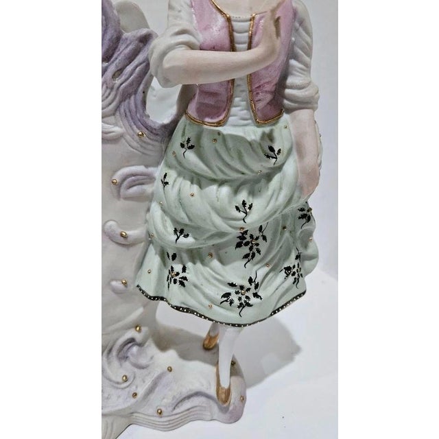 Ceramic Set of 2 Antique Paulux Occupied Japan Bisque Figurine Vases Victorian Couple 1950s For Sale - Image 7 of 12