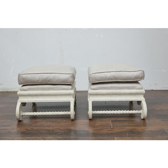Early 20th Century Pair of 1920s Continental Upholstered Ottomans with Carved S-Scroll Bases For Sale - Image 5 of 11