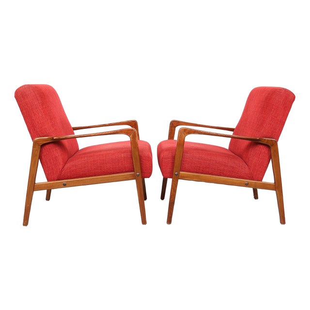Vintage Danish Wooden Armchairs with Coral Fabric, 1950s, Set of 2 For Sale