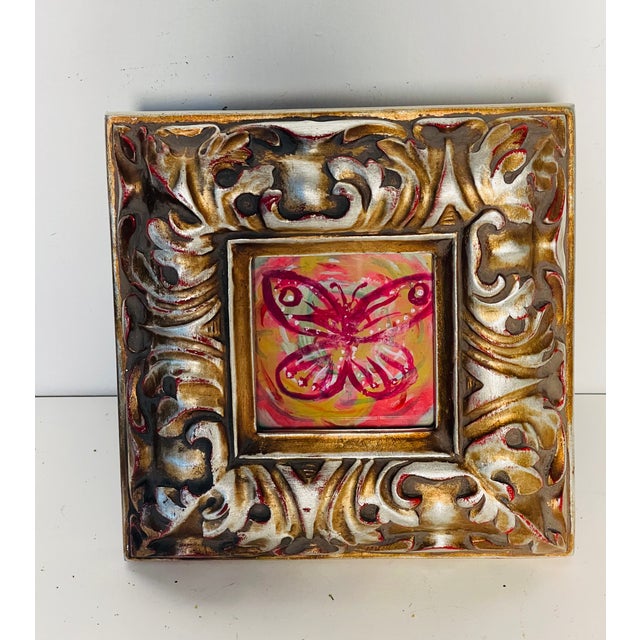 Lovely mini mixed media painting in carved ornate frame of a Pink Butterfly.
