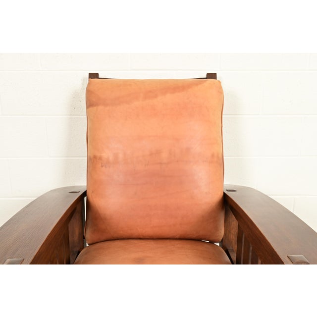 Late 20th Century Stickley Mission Oak Arts & Crafts Bow Arm Reclining Morris Lounge Chair With Ottoman For Sale - Image 5 of 14
