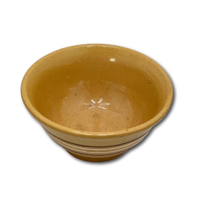 Nice Smaller 8 Inch Size Antique Thick - Heavy Brown & White Banded Yellow Ware Kitchen Batter Mixing Bowl - Late 1800s For Sale - Image 4 of 13