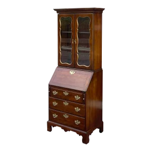 1980s Statton Chippendale Solid Cherry Locking Secretary Desk With Bookcase Top Oldtowne Finish