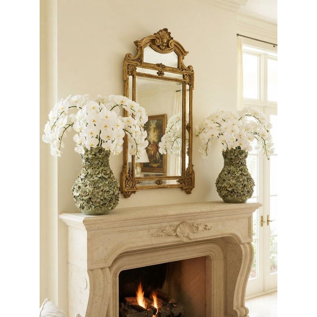 Vintage Italian 20" Encrusted Floral Ceramic Urn Vases - Pair in Muted Sage Green For Sale - Image 11 of 12