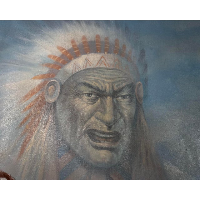 Blue 1970s Original Bill Larsen Native American Indian Chief Horse Hunt Oil Painting Canvas For Sale - Image 8 of 13