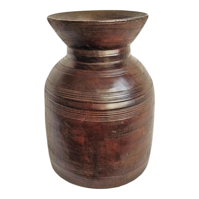 Vintage Rustic Carved Wood Pot India For Sale