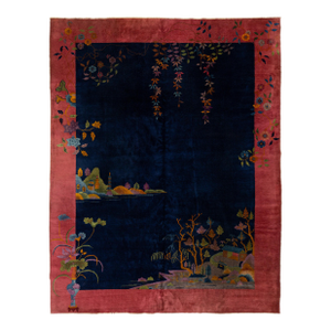 9 X 12 Navy Blue Antique Art Deco Chinese Wool Rug With Traditiona Design