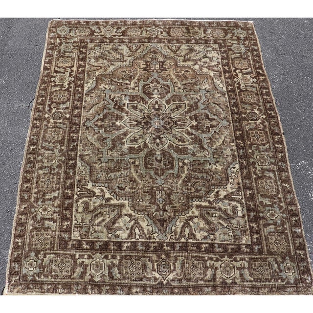 Vintage Persian Heriz Rug With Medallion Design in Brown Tone 4'1 X 5'6 For Sale - Image 10 of 12