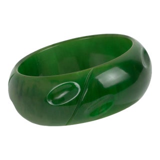 Bakelite Carved Bracelet Bangle Basil Green Marble For Sale