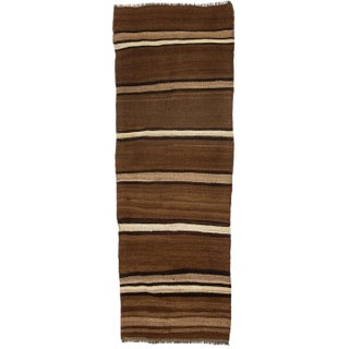 1960s Vintage Striped Brown Natural Kilim Runner- 3′11″ × 11′1″ For Sale