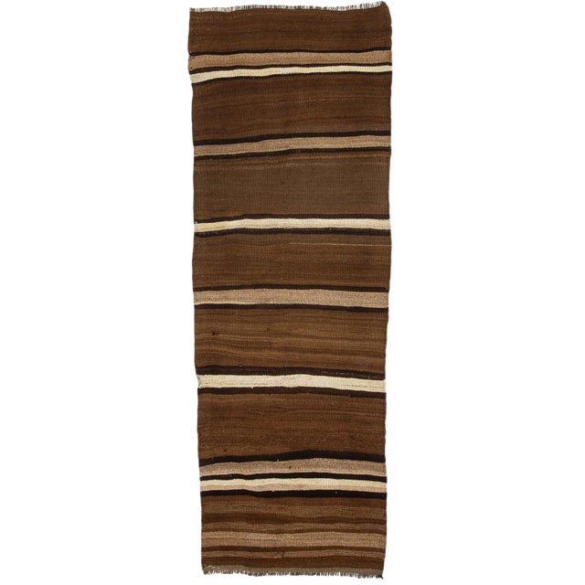 1960s Vintage Striped Brown Natural Kilim Runner- 3′11″ × 11′1″ For Sale