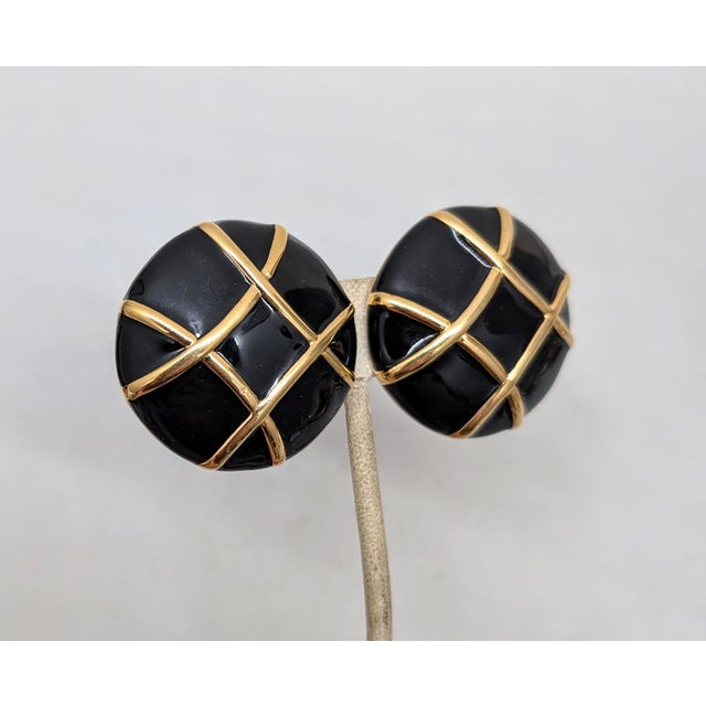 Modern Vintage 1980s Signed Courreges Round Black Enamel Clip Earrings-2 Pieces For Sale - Image 3 of 7